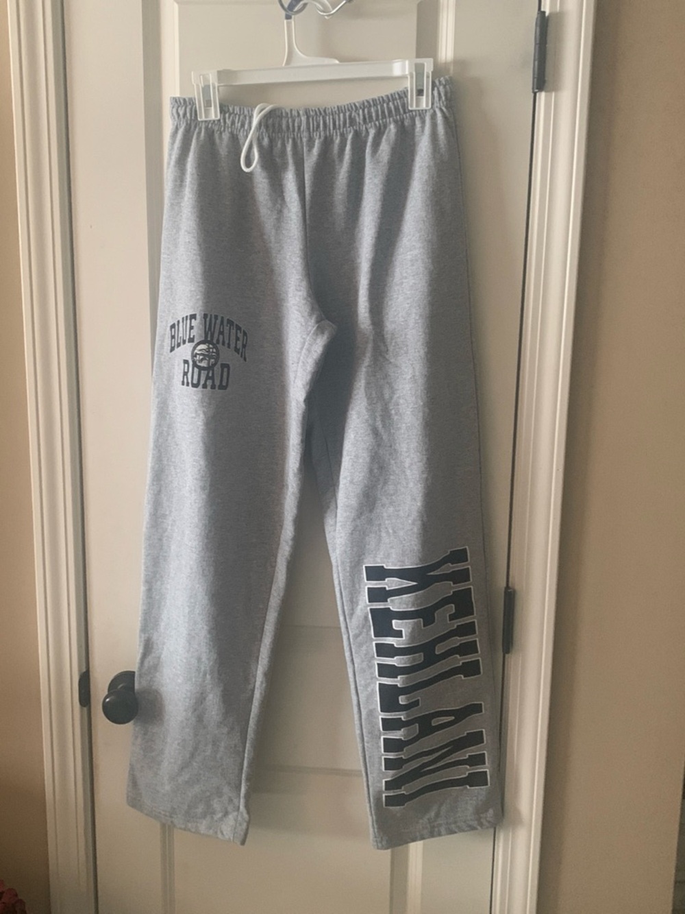 Gray Sweatpants with Navy 'Kelani' and 'BLUE WATER ROAD' Graphics